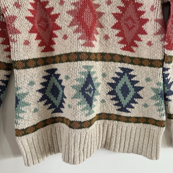 L.L. Bean Aztec Pattern Sweater Women's Large Beige Chunky Knit Cotton Tribal - Picture 4 of 9